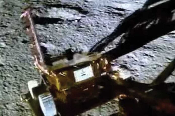 Chandrayaan-3 Rover moving down from the Lander to the Moon's surface, ready for exploration