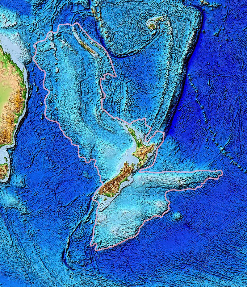 Detailed map of Zealandia, the submerged continent, showing its underwater features and topography.